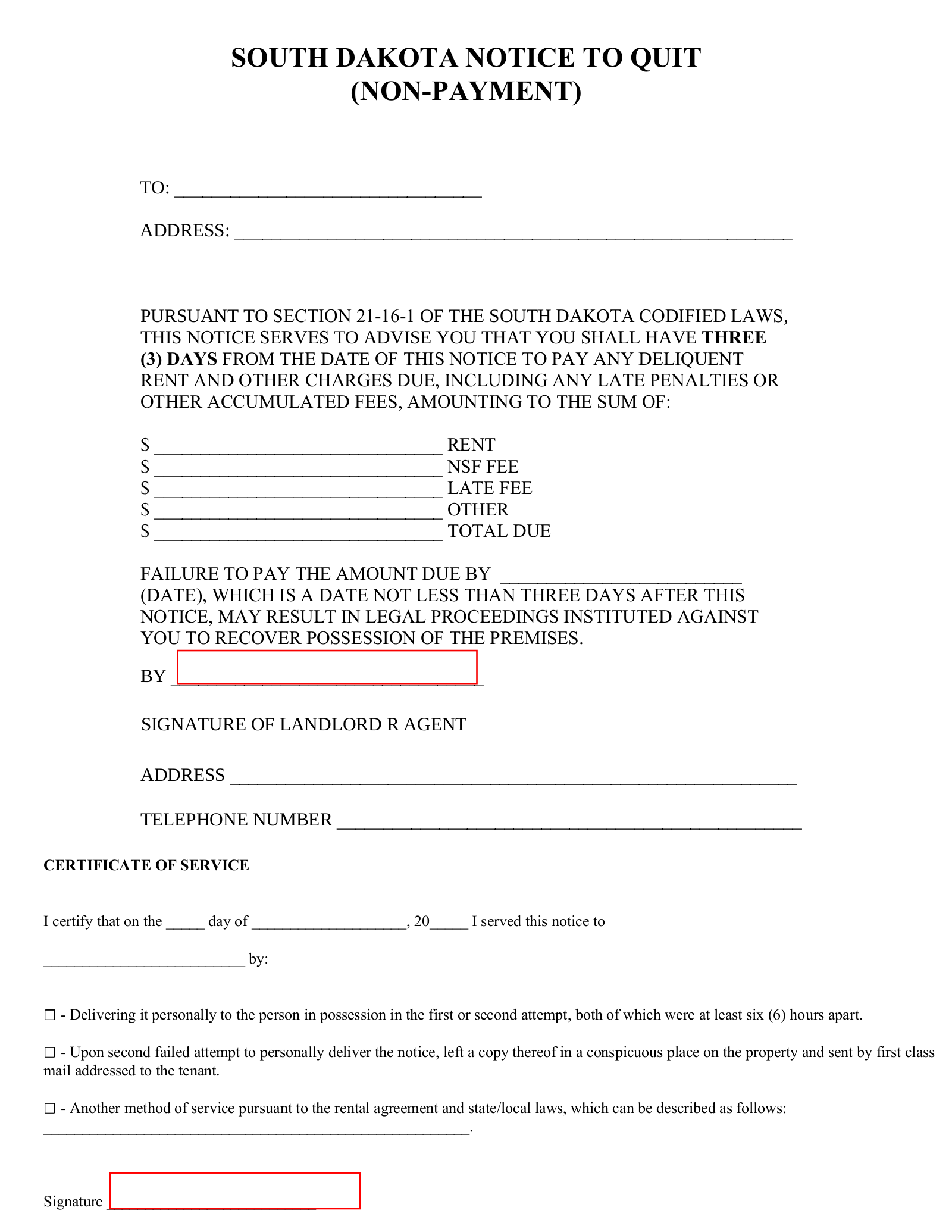 South Dakota 3-Day Notice to Quit Form | Non-Payment