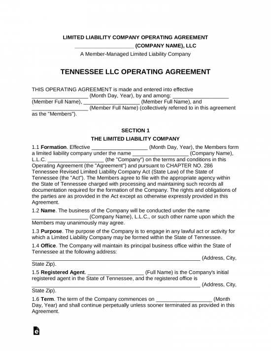 Free Tennessee Multi Member LLC Operating Agreement Form PDF Word 