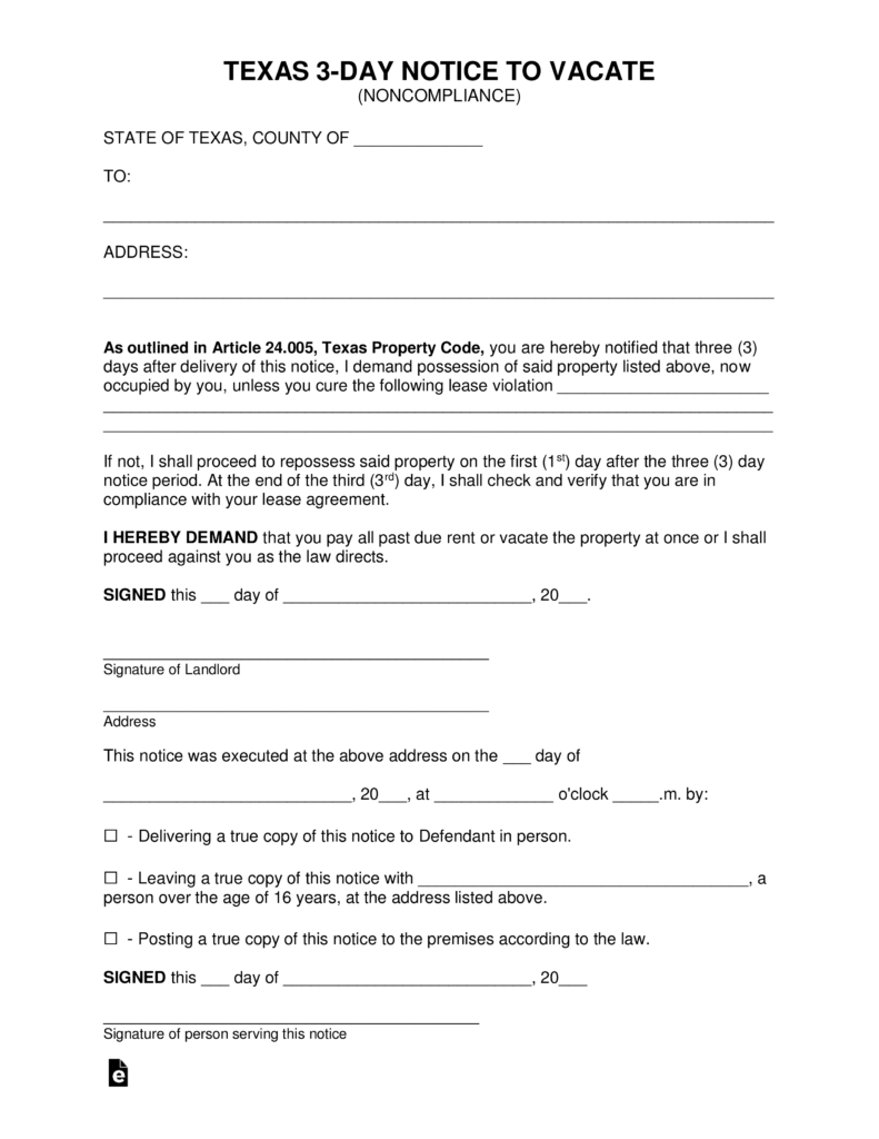 Free Texas 3 Day Notice To Quit Form Non Compliance PDF Word EForms