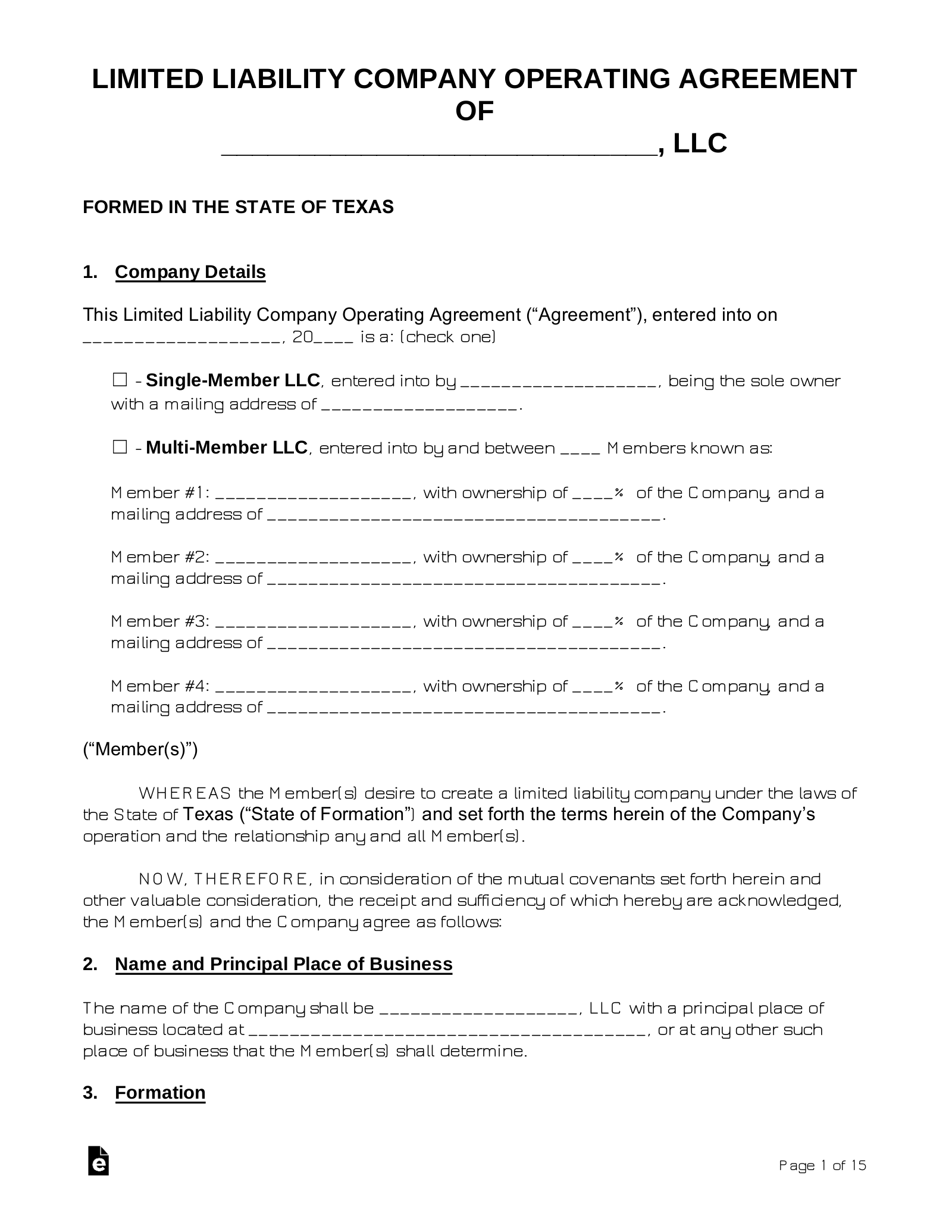 Free Texas LLC Operating Agreements 2 PDF Word EForms