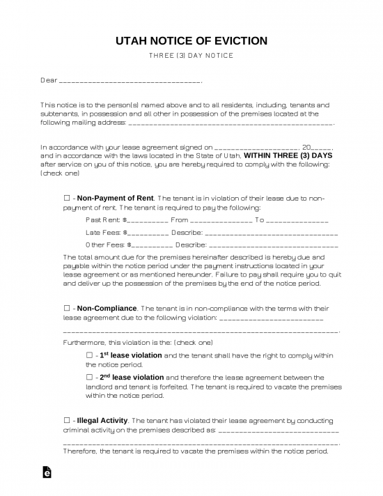 Utah 3-Day Notice to Quit Form | All Violations