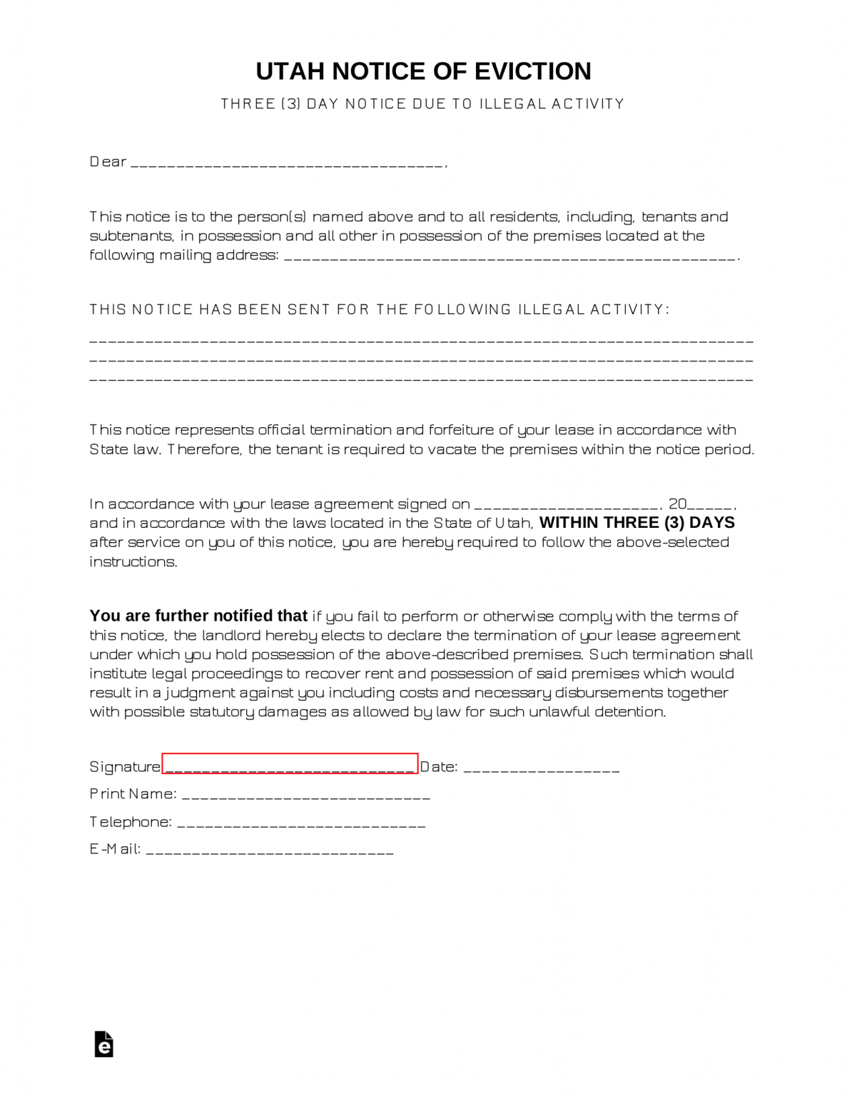 Free Utah 3-Day Notice to Quit Form | Illegal Activity - PDF – eForms