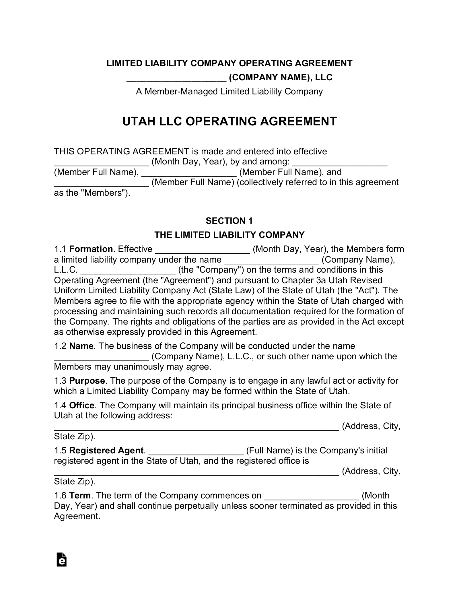 Utah Multi-Member LLC Operating Agreement Form