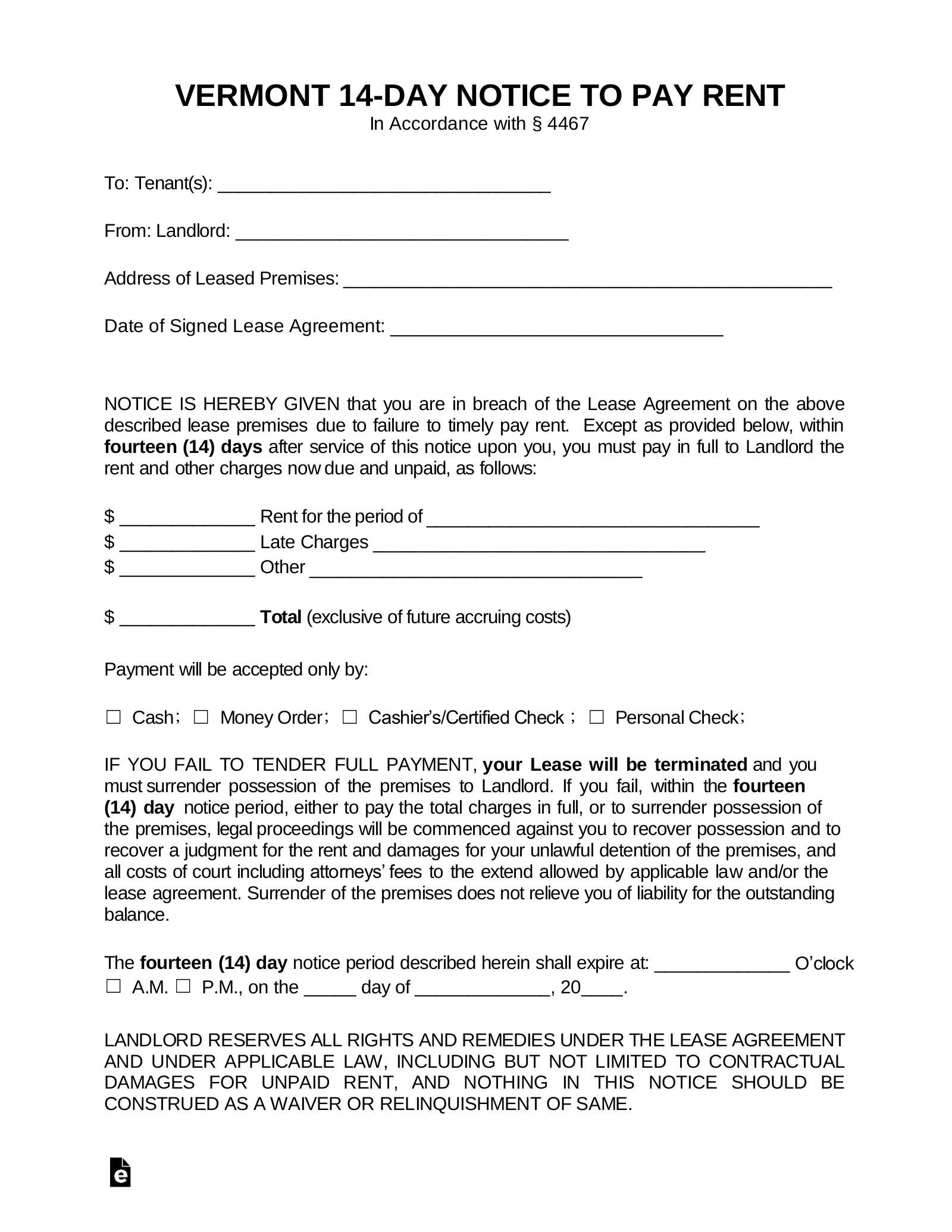 Vermont 14-Day Notice to Quit Form | Non-Payment