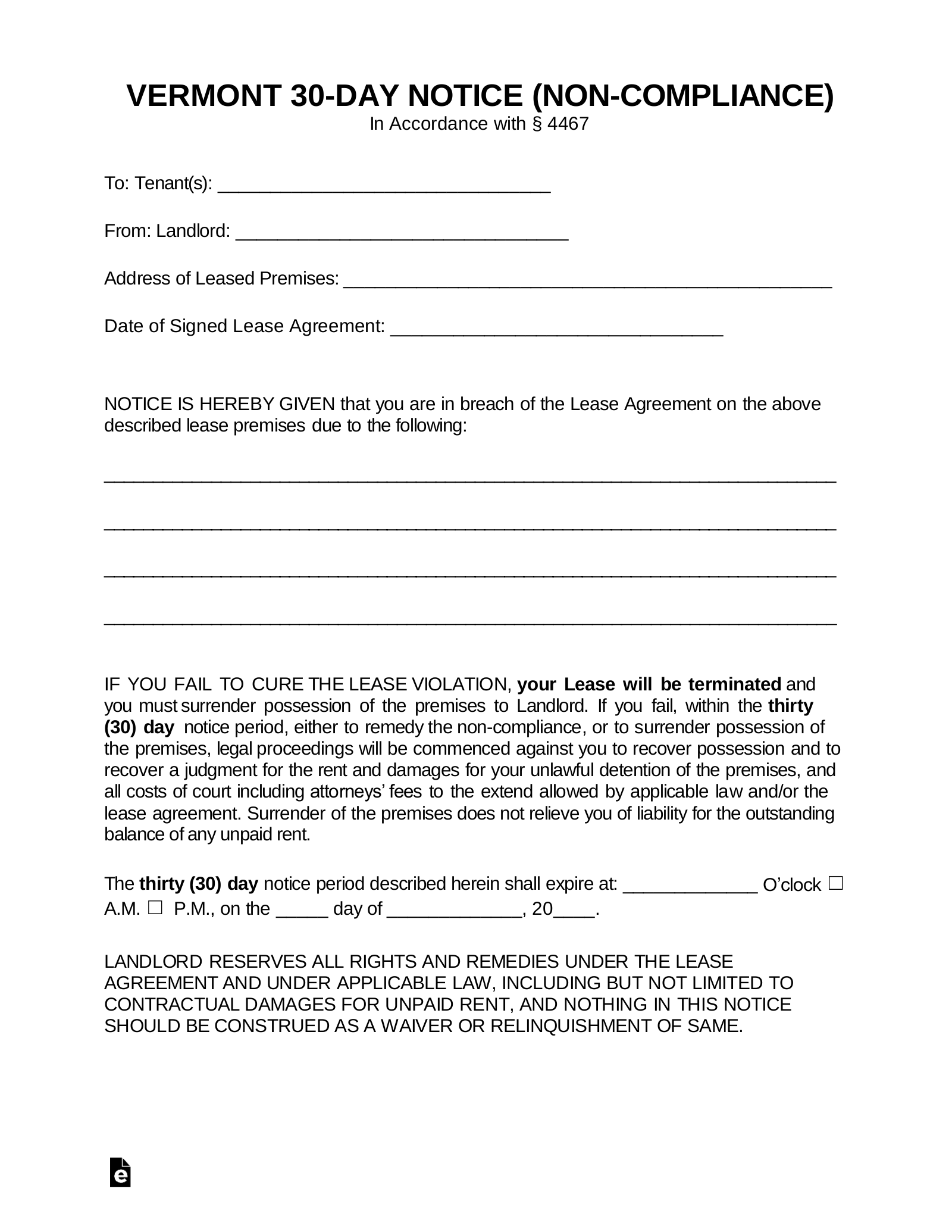 Vermont 30-Day Notice to Quit Form | Non-Compliance