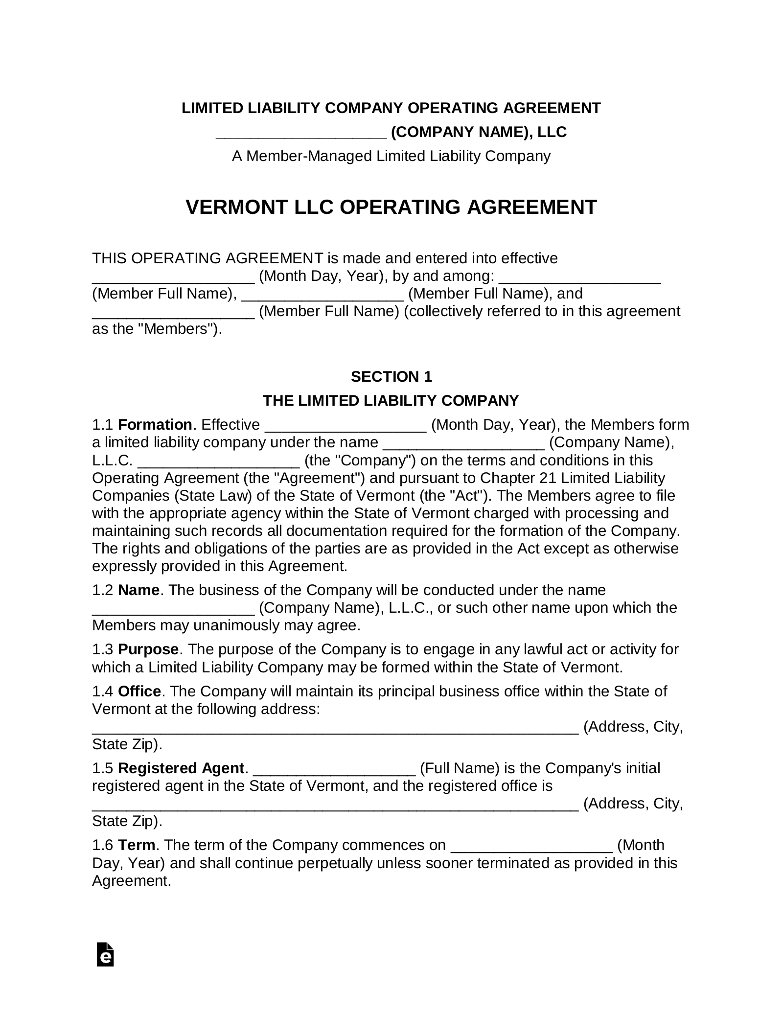 Vermont Multi-Member LLC Operating Agreement Form