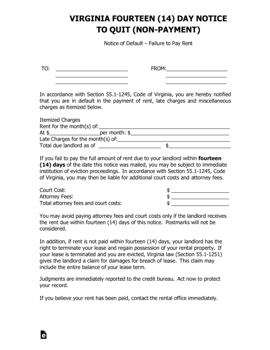 Virginia 14-Day Notice to Quit Form | Non-Payment of Rent
