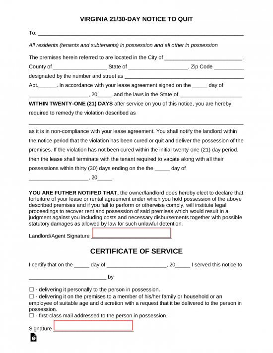 Virginia 21/30 Day Notice to Quit Form
