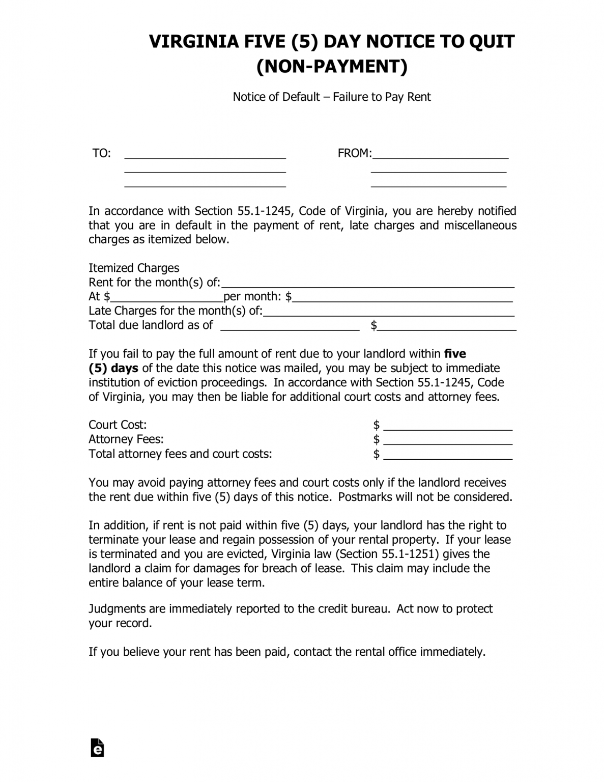 Free Virginia 5 Day Notice To Quit Form Non Payment Of Rent Pdf Word Eforms 4914