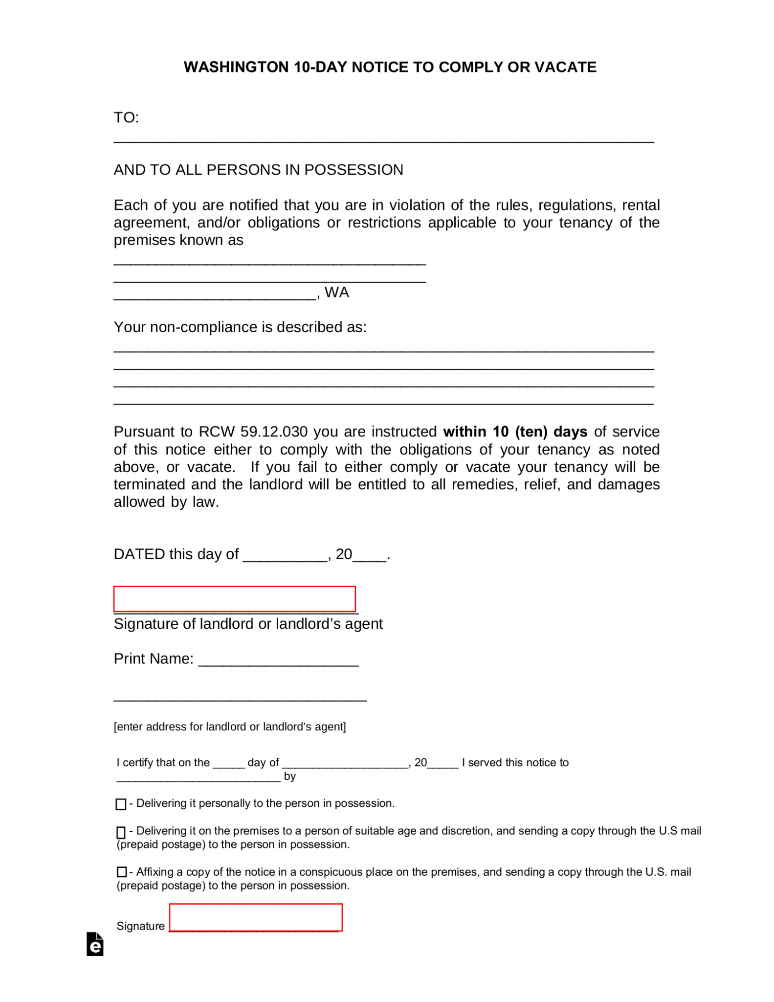 Free Washington 10-Day Notice to Quit Form | Non-Compliance - PDF – eForms