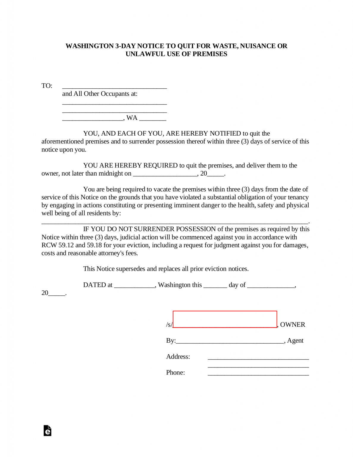Free Washington 3-Day Notice to Quit Form | Illegal Activity - PDF ...