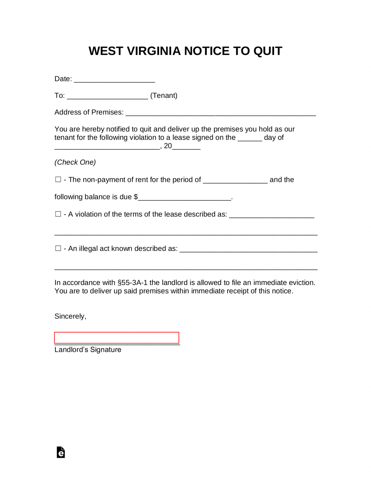 Free West Virginia Immediate Notice to Quit Form - PDF | Word – eForms