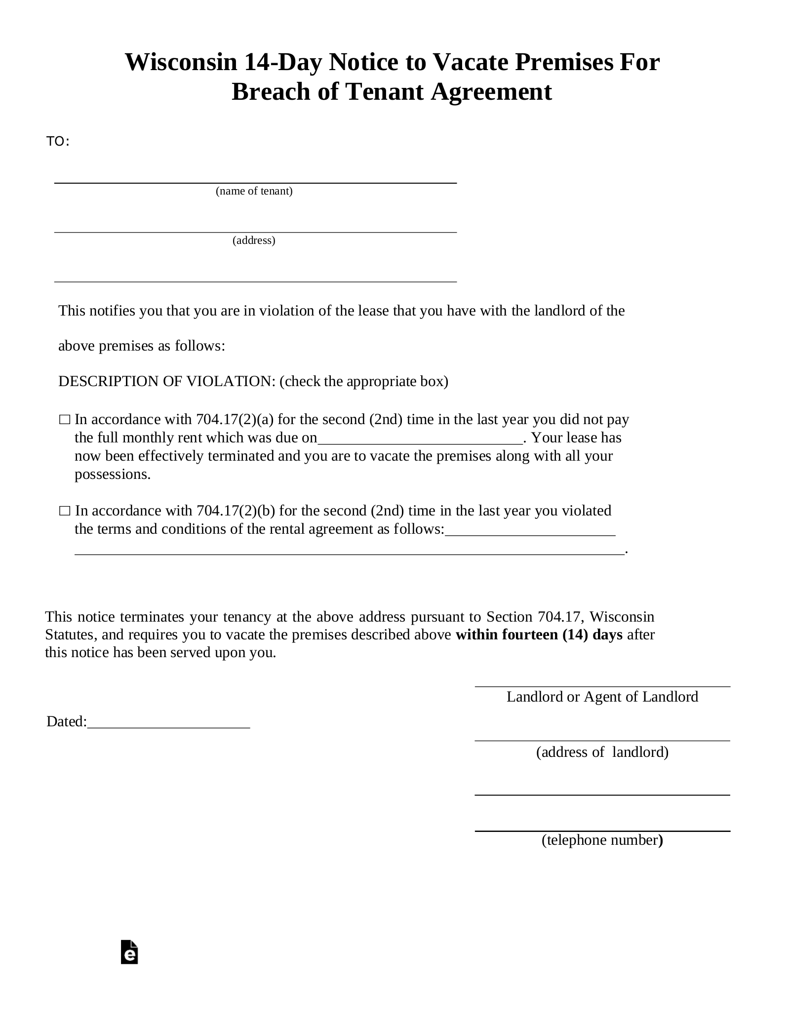 Wisconsin 14-Day Notice to Quit Form | 2nd Violation