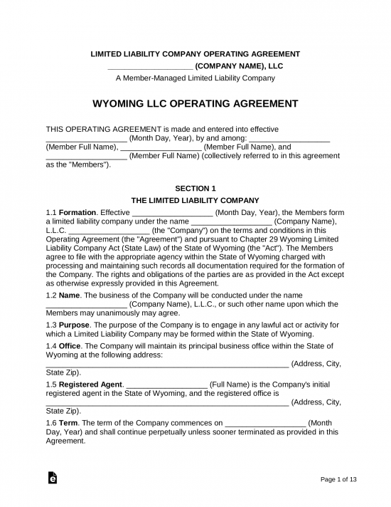 Free Wyoming Multi Member LLC Operating Agreement Form PDF Word