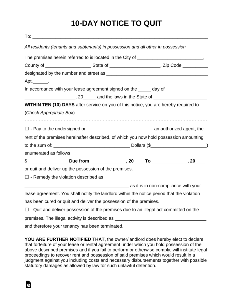 free ten 10 day eviction notice template pdf word eforms