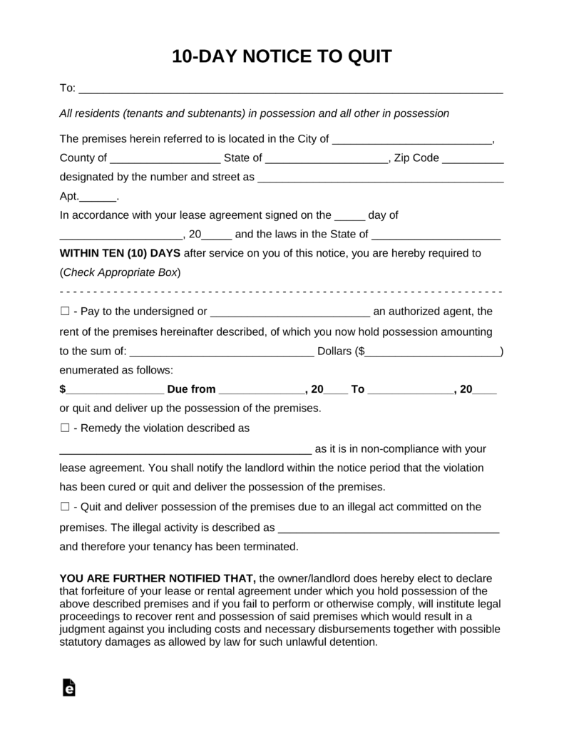 Free Ten 10 Day Eviction Notice Template PDF Word EForms