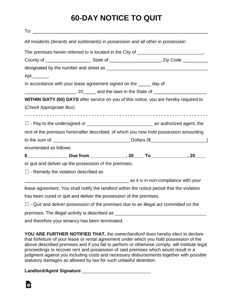 Free 60 Day Eviction Notice Template PDF Word eForms