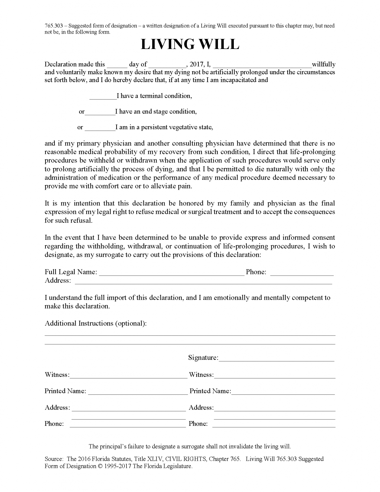 Free Printable Living Will Florida Printable Templates   FloridaElder.com Living Will Form 1583x2048 