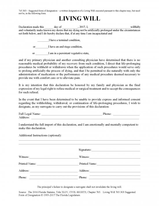 Free Florida Living Will Form Template Pdf Eforms 3341