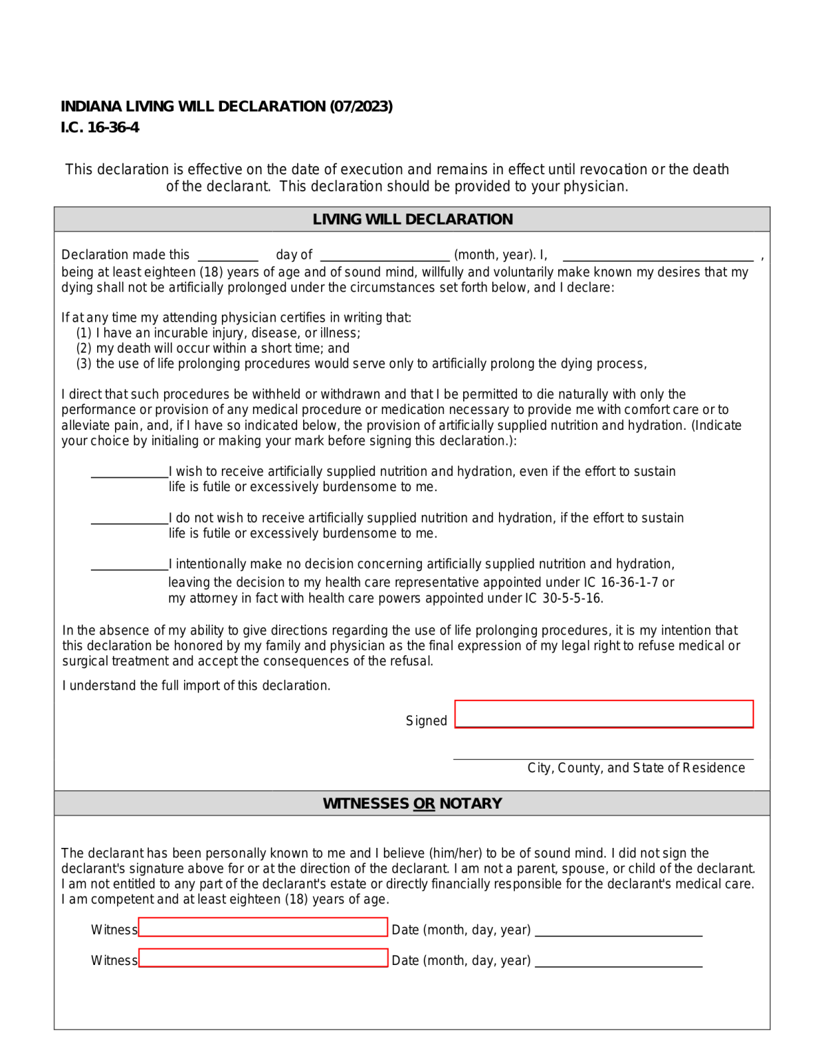 Free indiana living will form declaration form 55316 template pdf