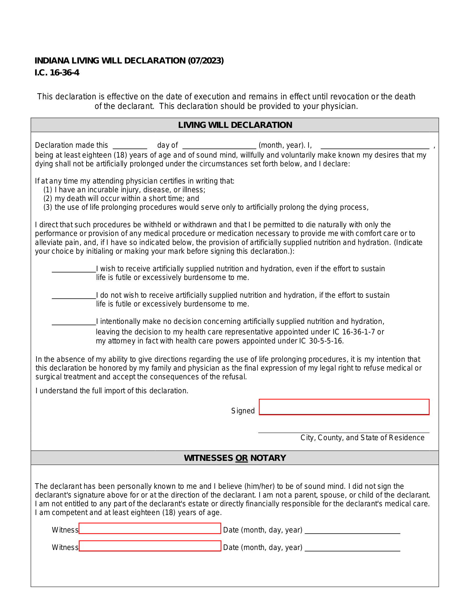 Free Indiana Living Will Form Declaration Form 55316 Word PDF 