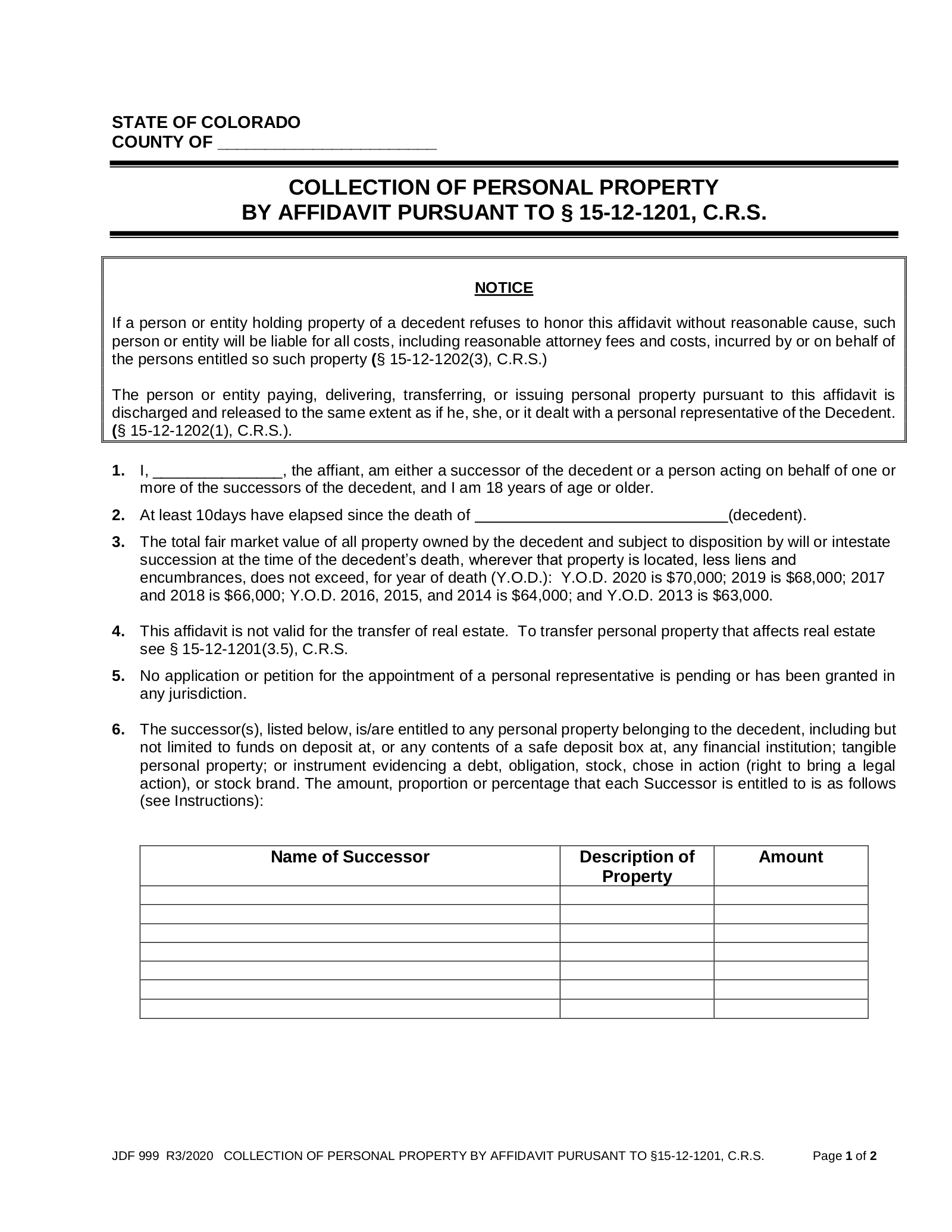 Colorado Small Estate Affidavit | Form JDF 999