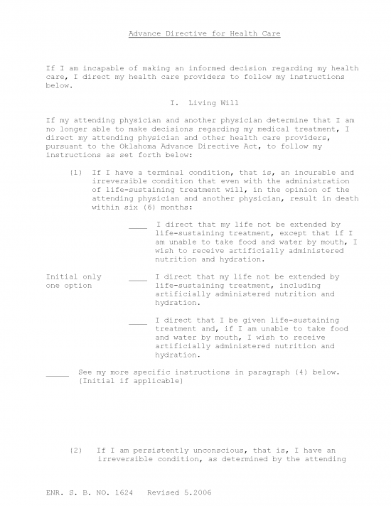 Free Oklahoma Advance Directive Form Template PDF eForms