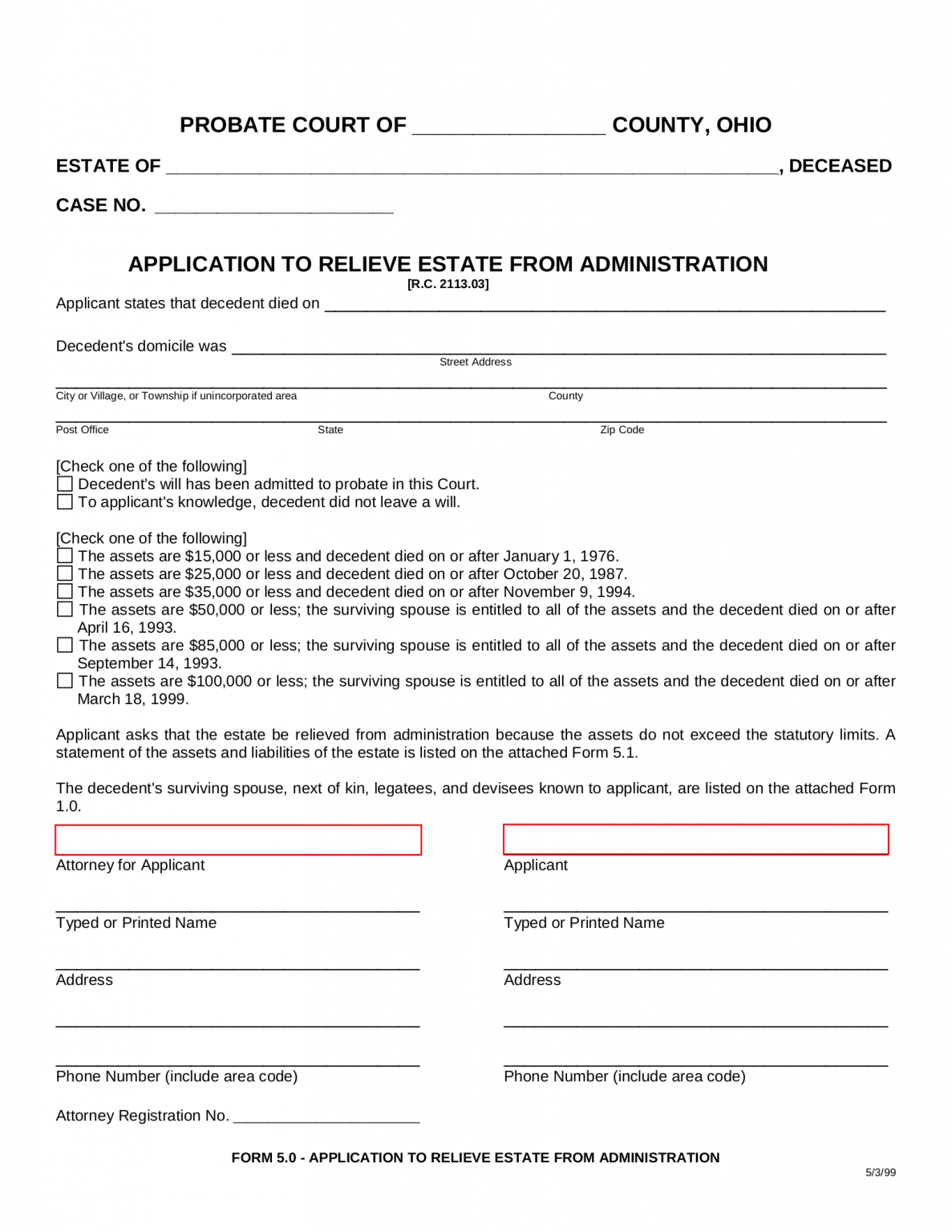 Free Ohio Small Estate Affidavit Form | Application to Relieve Estate