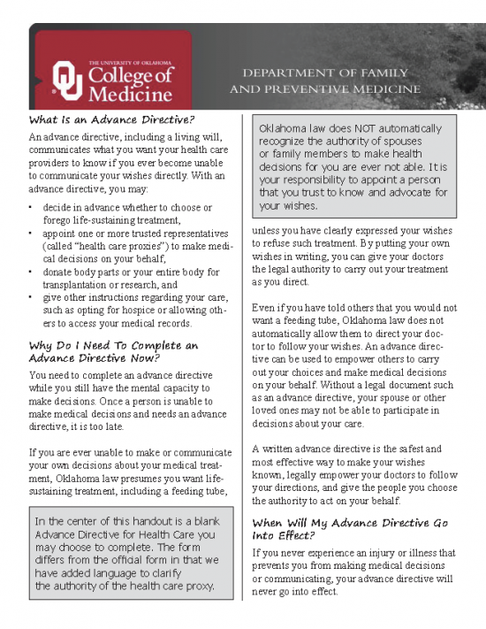 Free Oklahoma Advance Directive Form Template PDF eForms
