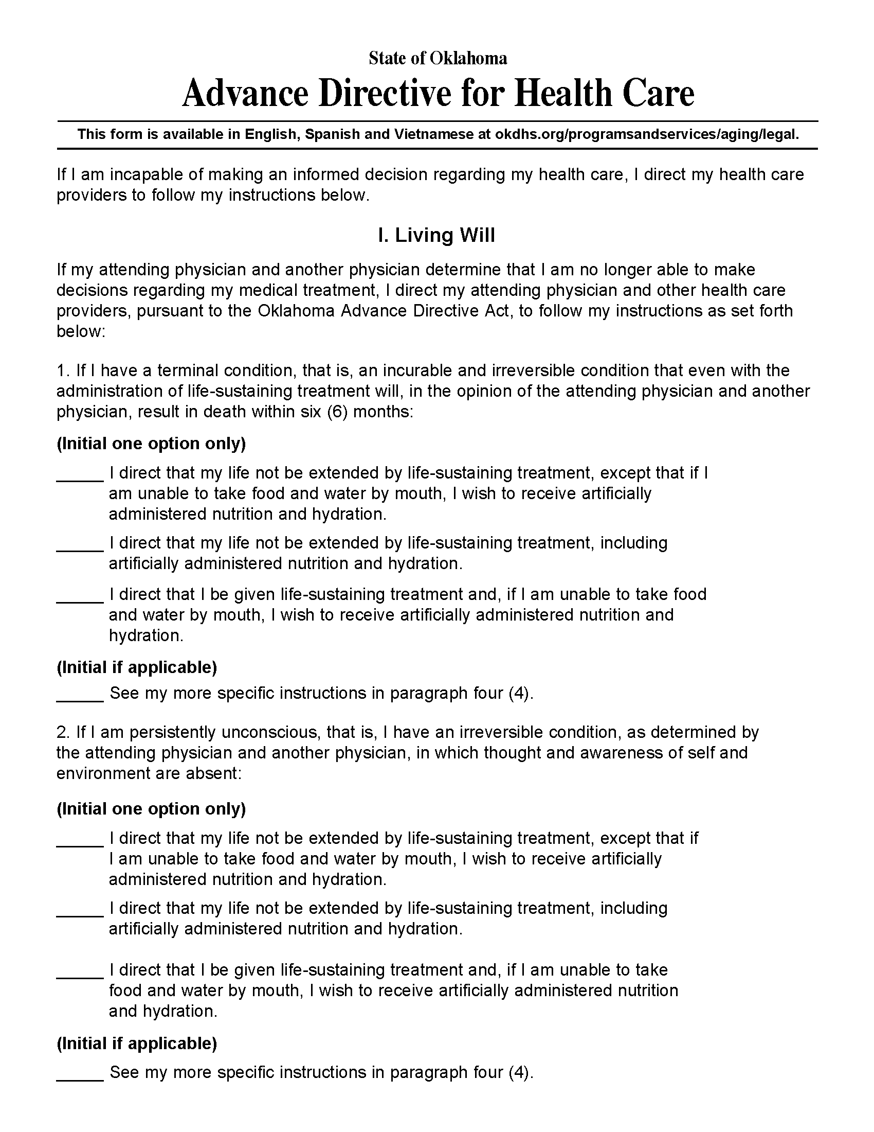 Free Oklahoma Advance Directive Form Template PDF eForms