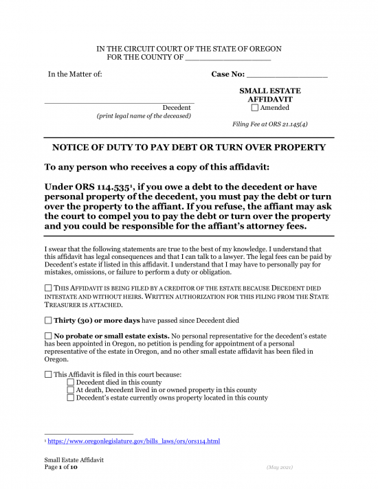 Oregon Small Estate Affidavit