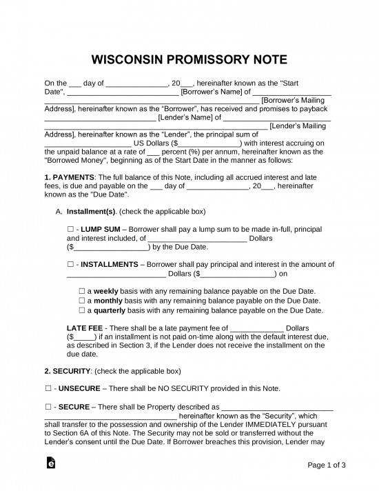 Free Wisconsin Promissory Note Templates 2 Pdf Word Eforms 5741