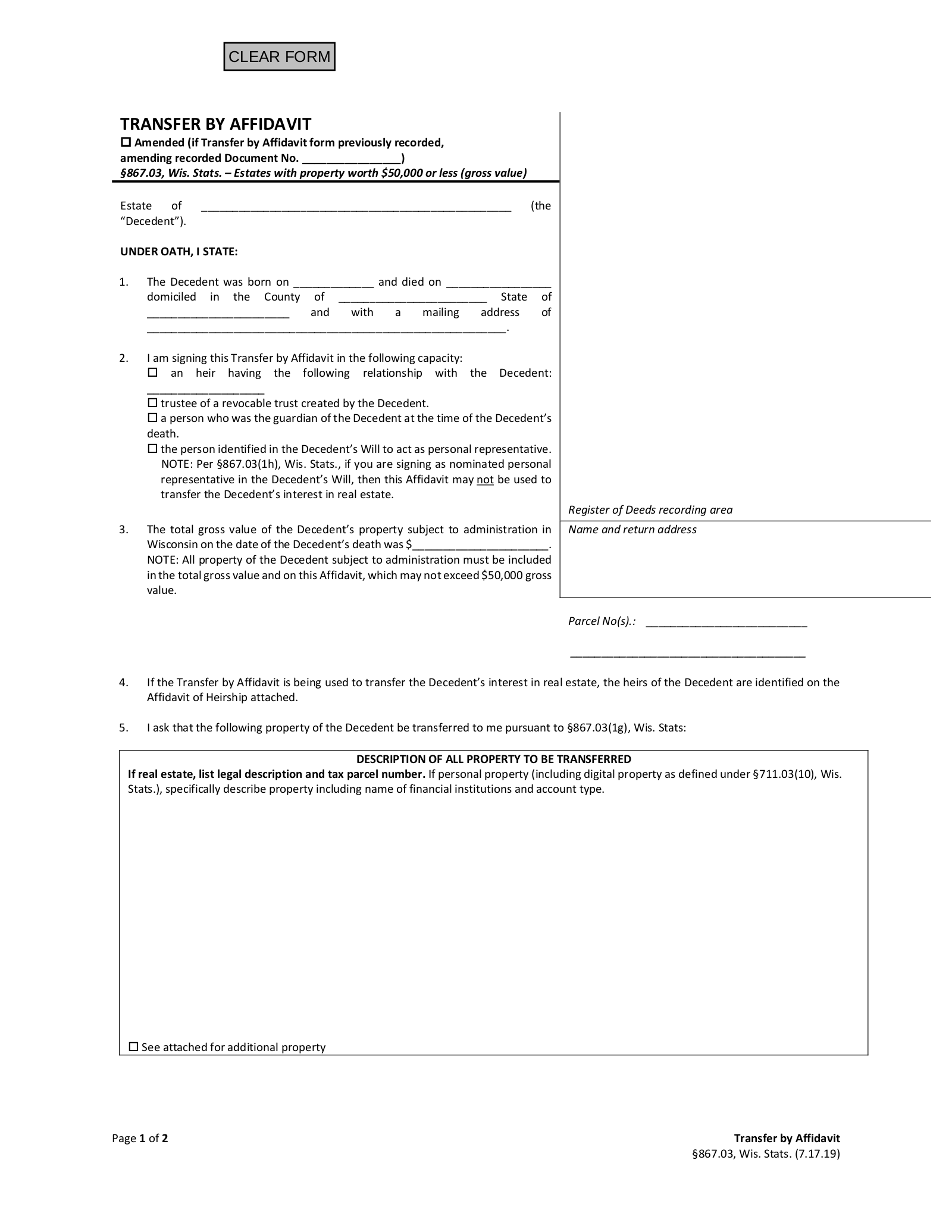 Wisconsin Small Estate Affidavit | Form PR-1831