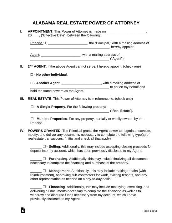 Printable Power Of Attorney Form Alabama Printable Forms Free Online