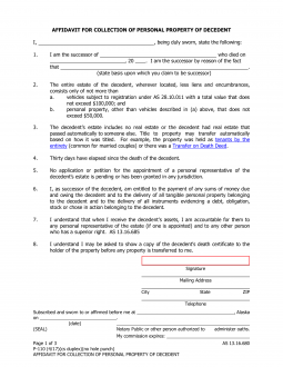 Alaska Small Estate Affidavit (Form P-110) | Affidavit for Collection of Personal Property of Decedent