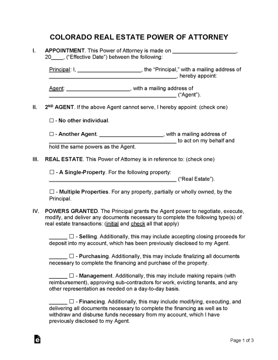 Colorado Real Estate Power of Attorney Form