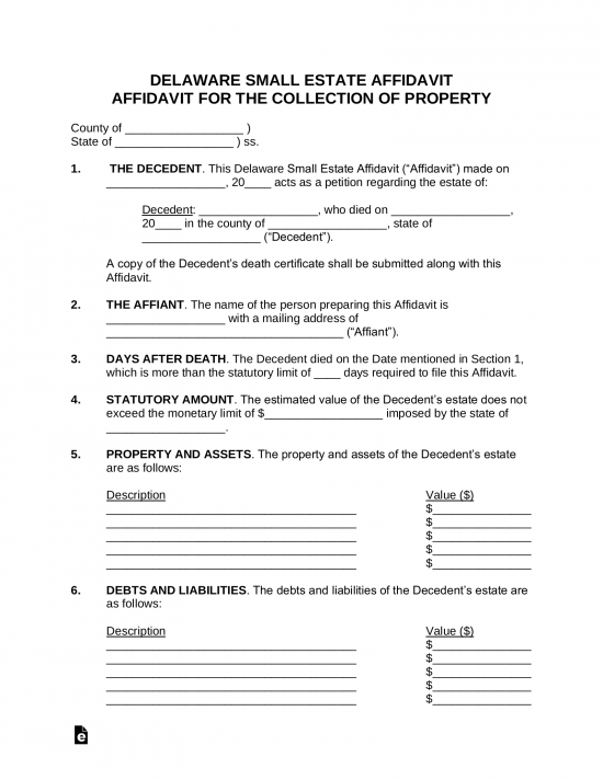 Delaware Small Estate Affidavit Form 550x712 