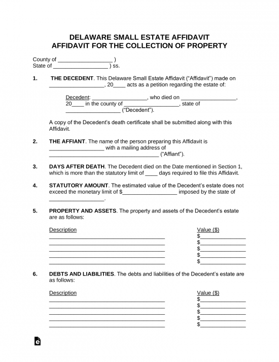 Free Delaware Small Estate Affidavit Form PDF Word EForms