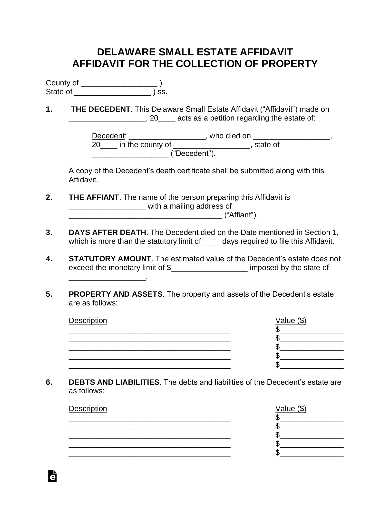 Free Delaware Small Estate Affidavit Form PDF Word EForms