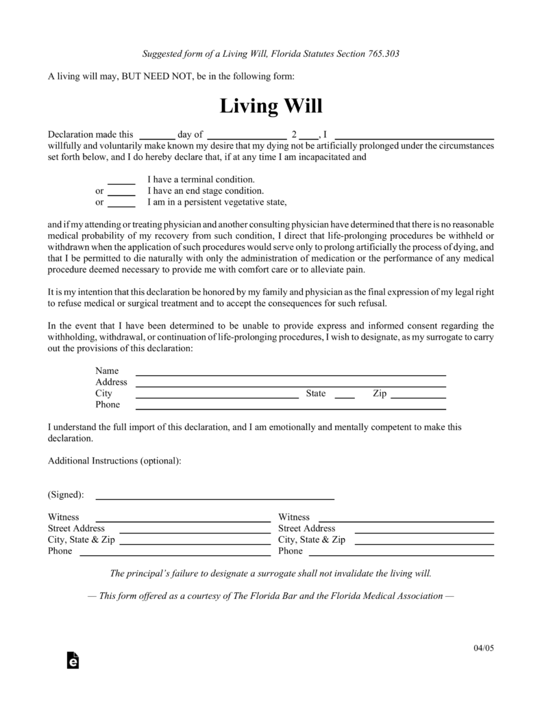 Free Printable Living Will Forms Florida Free Printable Templates