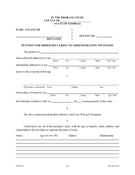 Georgia Small Estate Affidavit | Petition for Order Declaring No Administration Necessary