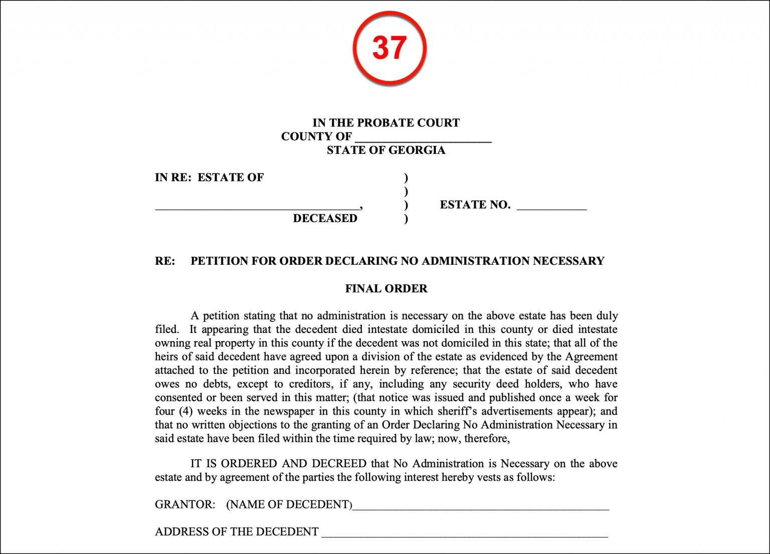 Free Small Estate Affidavit Petition for Order Declaring No