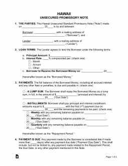 Hawaii Unsecured Promissory Note Template