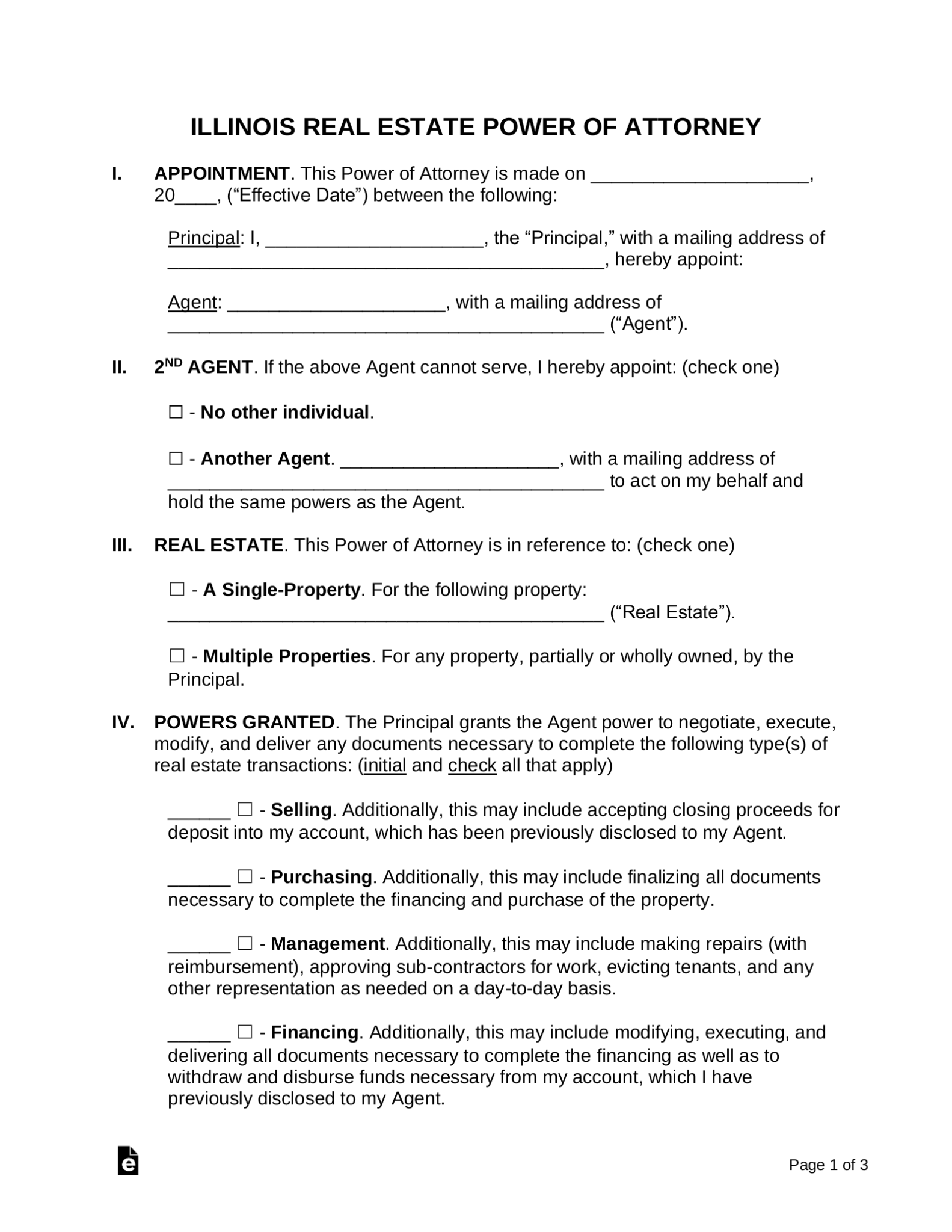 Free Illinois Real Estate Power of Attorney Form PDF Word eForms