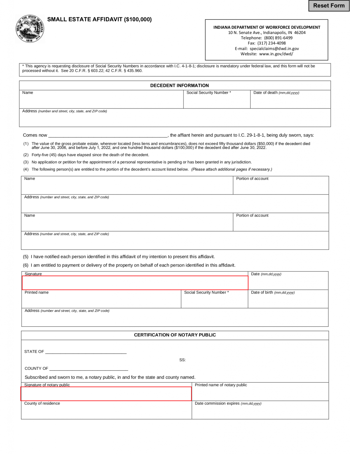 Free Indiana Small Estate Affidavit | Form 49284 - PDF – eForms