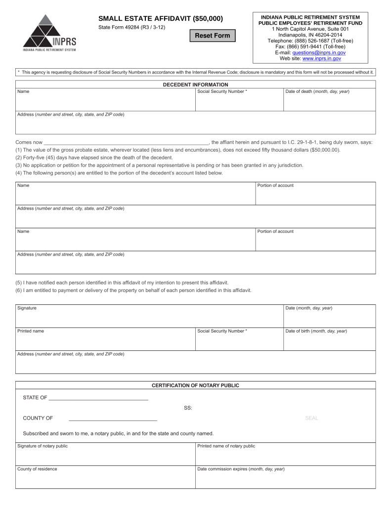 Indiana Small Estate Affidavit Form