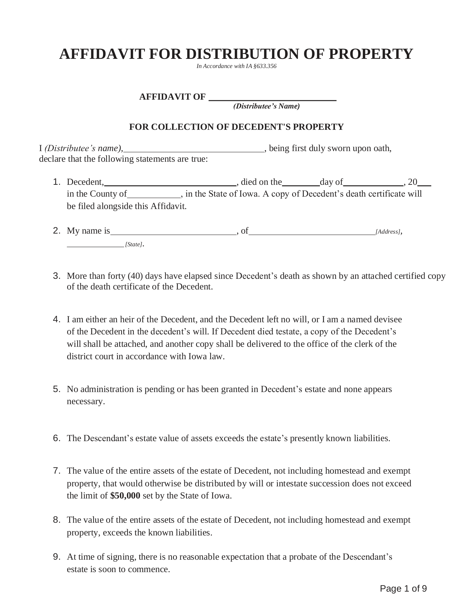 Iowa Small Estate Affidavit Form | Affidavit for Distribution of Property