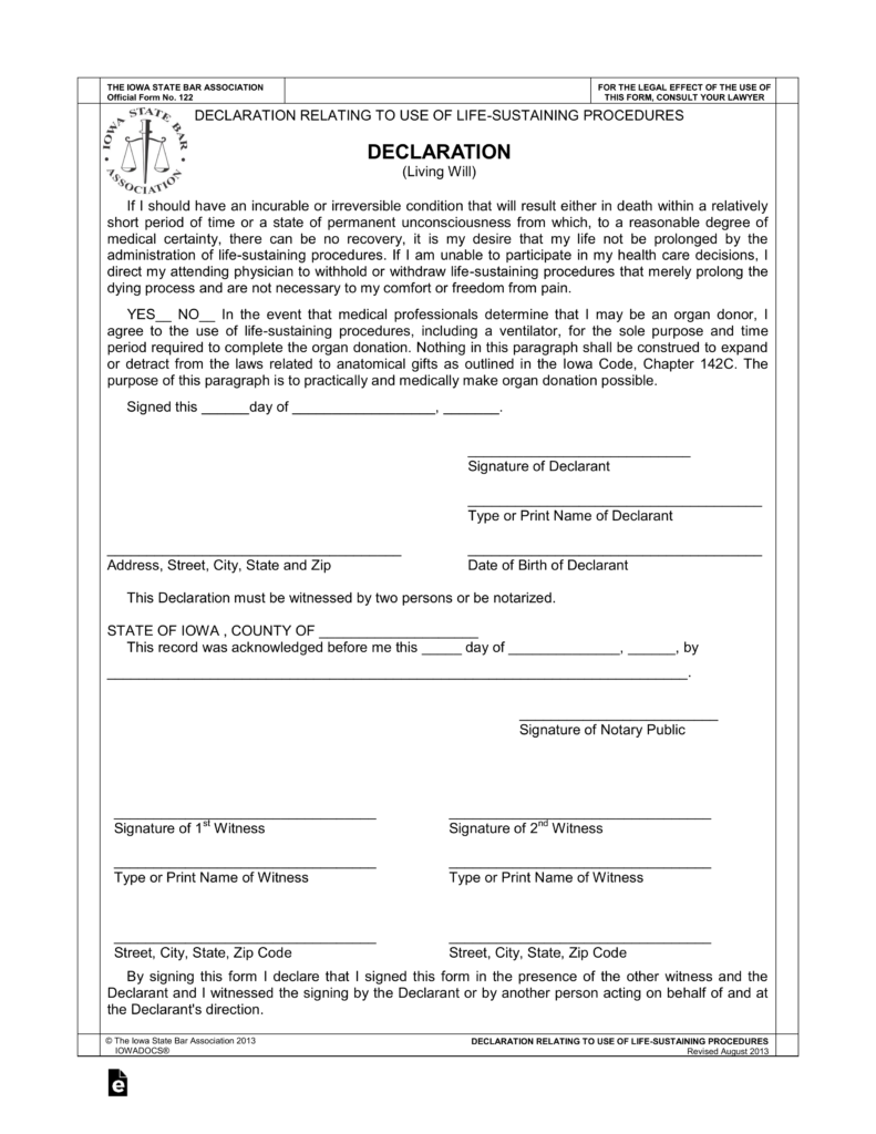 Free Iowa Living Will Declaration Template PDF eForms