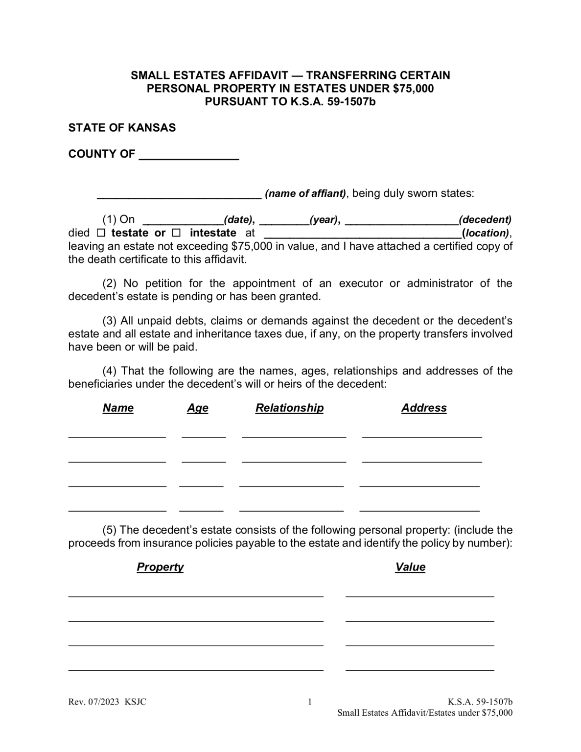 Free Kansas Small Estate Affidavit Form Affidavit Transferring