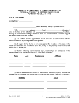 Kansas Small Estate Affidavit Form | Affidavit Transferring Certain Personal Property